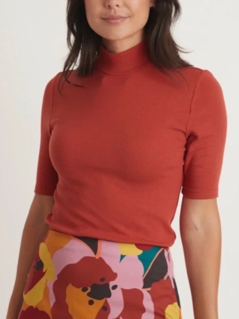 Marine Layer Dark Orange Lexi Ribbed Mock Neck Tencel Short Sleeve Top